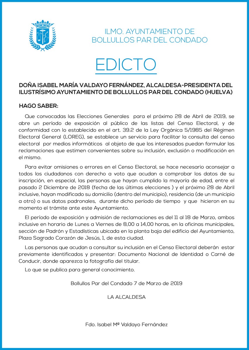 EDICTO LISTAS CENSO ELECTORAL - ELECCIONES GENERALES 2019